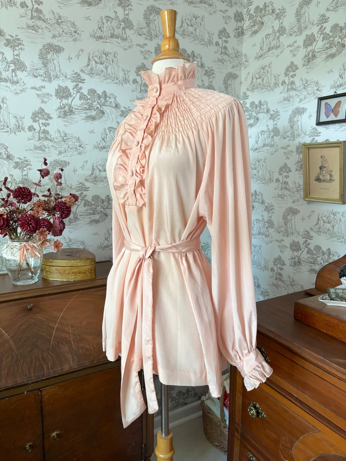 Vintage 70s The French Clique Pink Ruffle Smocked Button Down Blouse: Coquette
