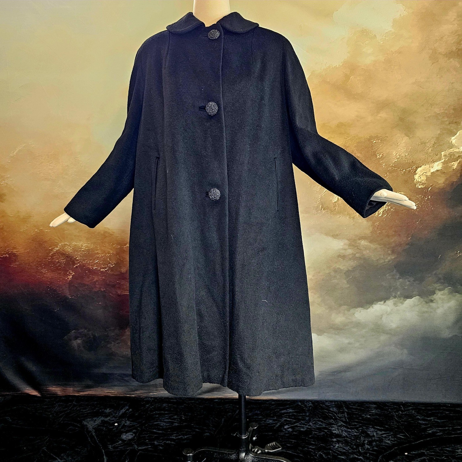 Vintage 1950s Swing Coat Jacket Black Wool Collar Buttons Pinup Rockabilly