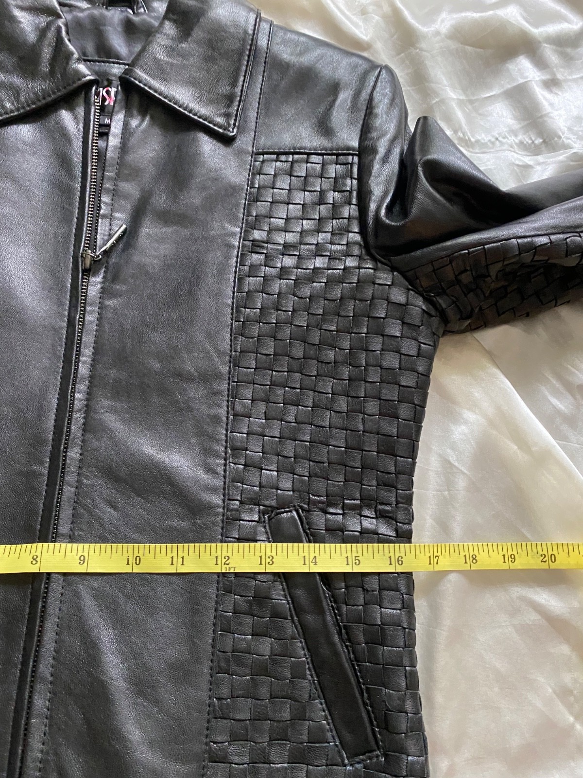 Vintage 1990s NWT Black Woven Leather Jacket Minimalist Medium Classic