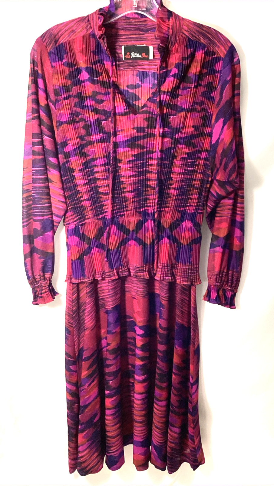 Vintage 80s Liz Petites Dress Accordion Midi Sheer Overlay Women’s Dopamine
