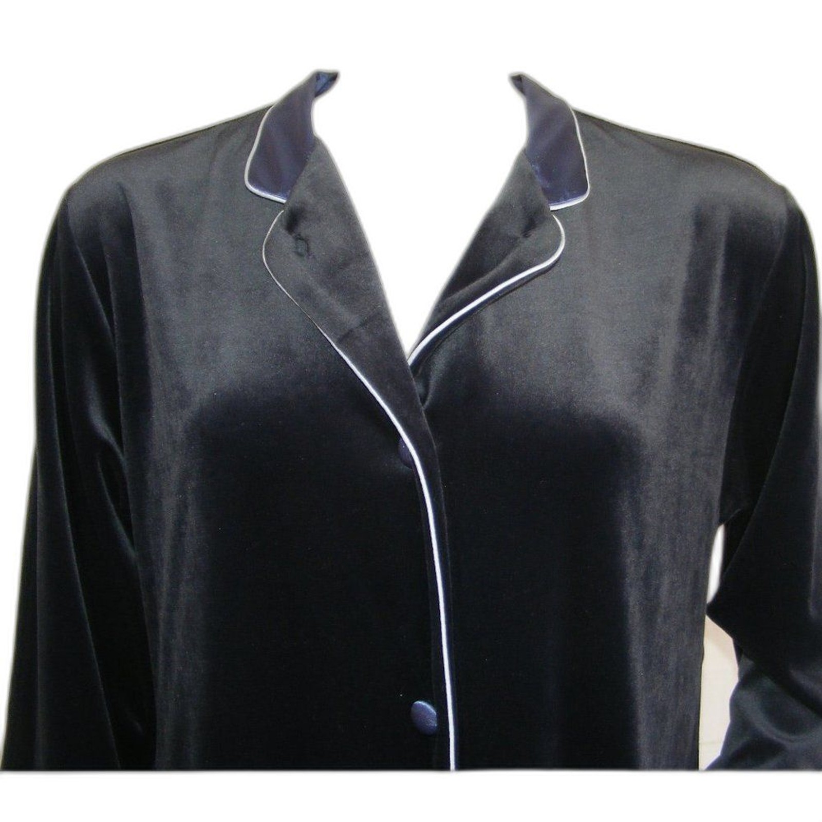 HALSTON Robe, M, Dark Blue, Velour/Satin, Vintage, Long sleeve, button front,