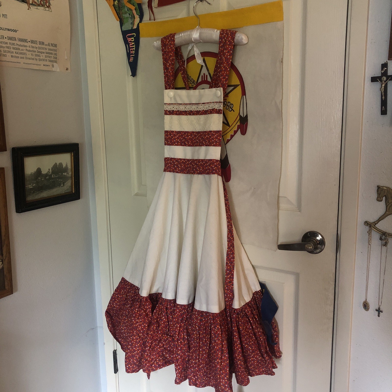 VTG 60s 70s prairie handmade dress apron red white floral vintage 1970s 1960s