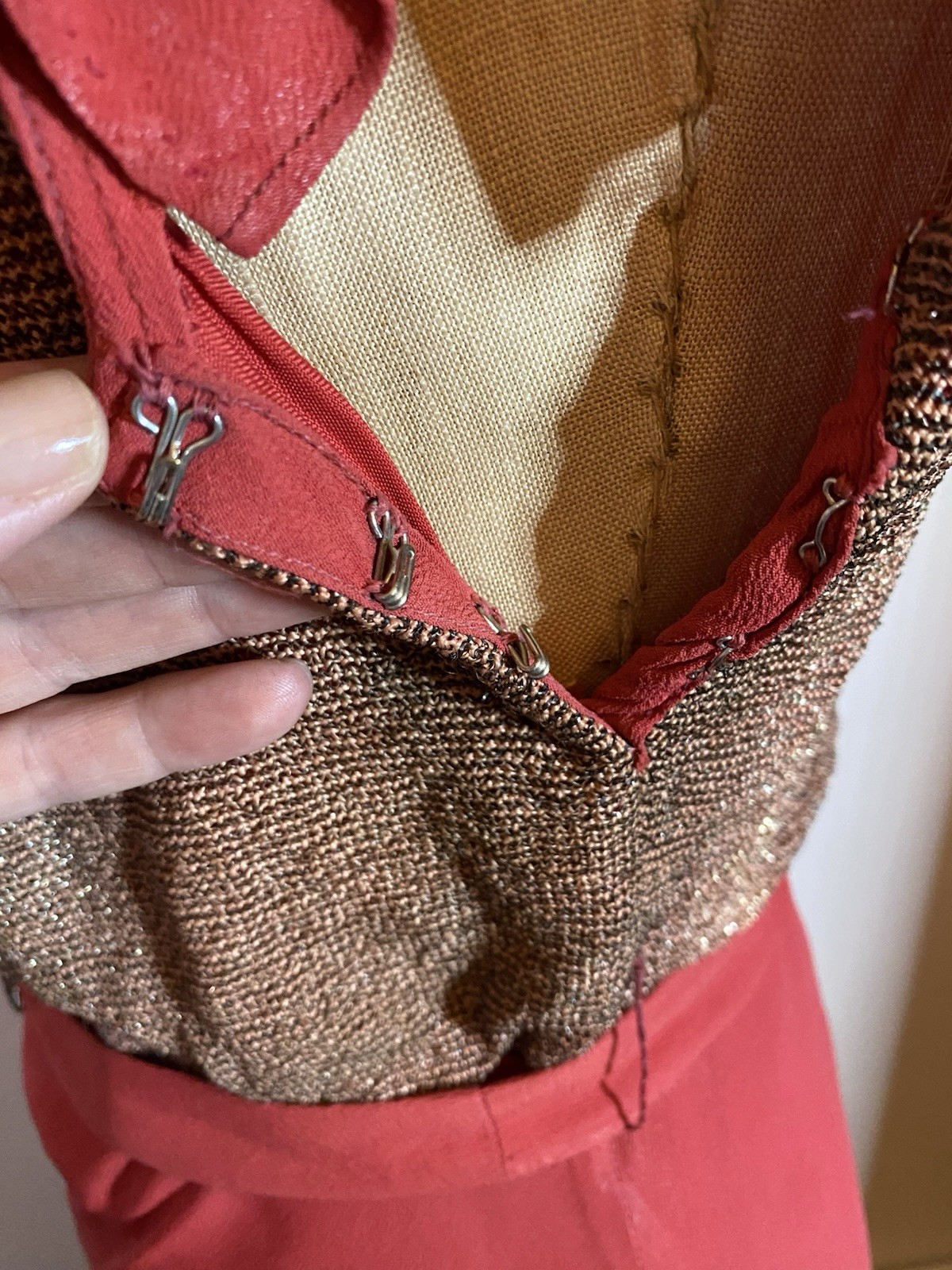 Vintage 1930s Bias Cut Red Rayon Crepe Woven Metallic Knit Evening Gown Dress