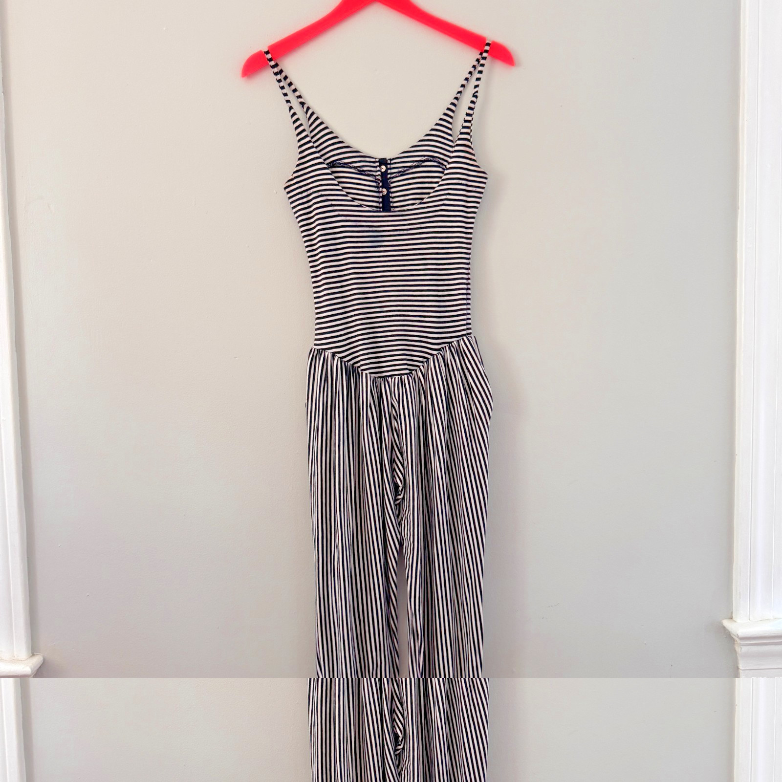 80s vtg BETSEY JOHNSON Black White PUNK LABEL Striped SNAPS Jumpsuit Catsuit S