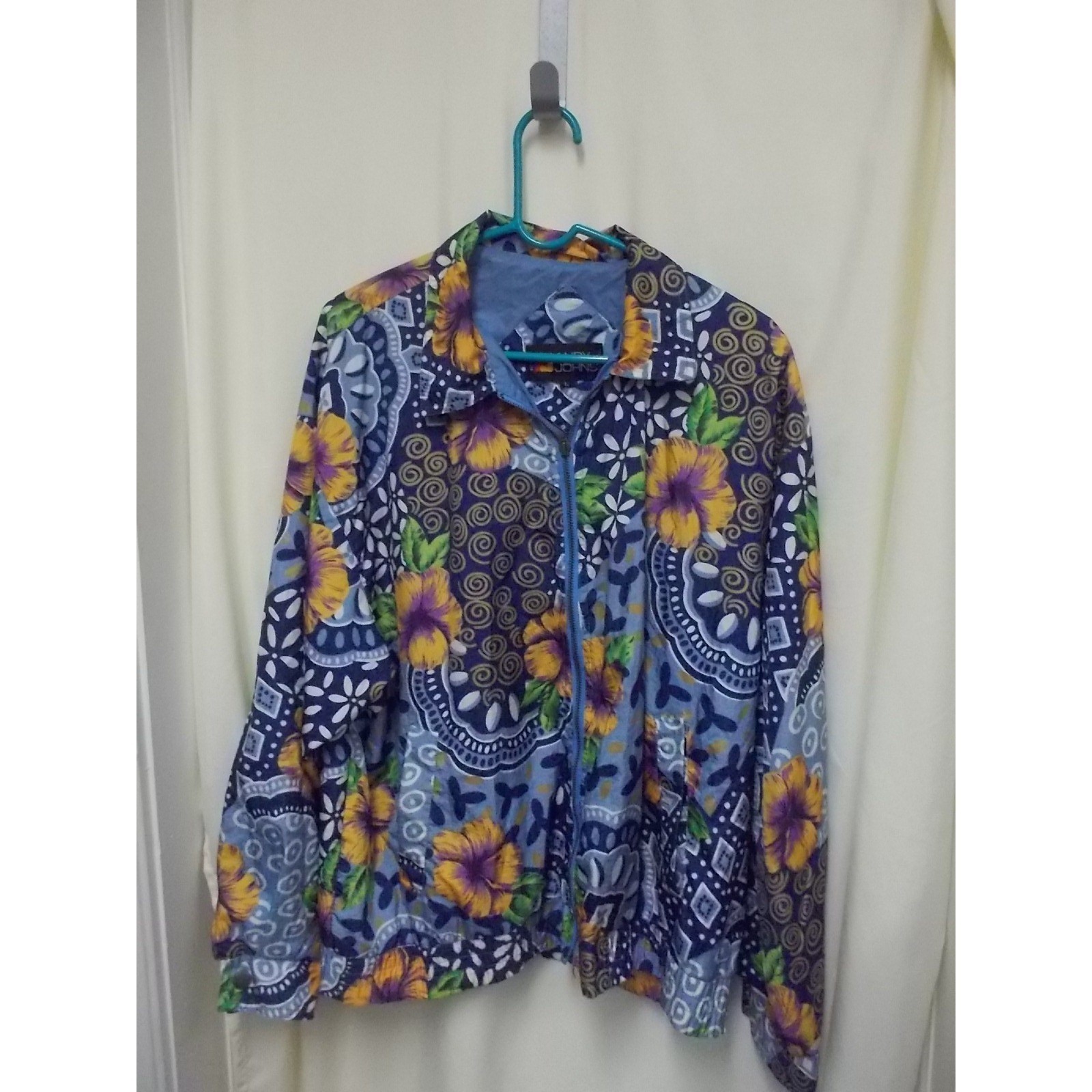 Vintage Andy Johns Floral Mixed Print Zip Up Windbreaker Jacket Blue Womens L