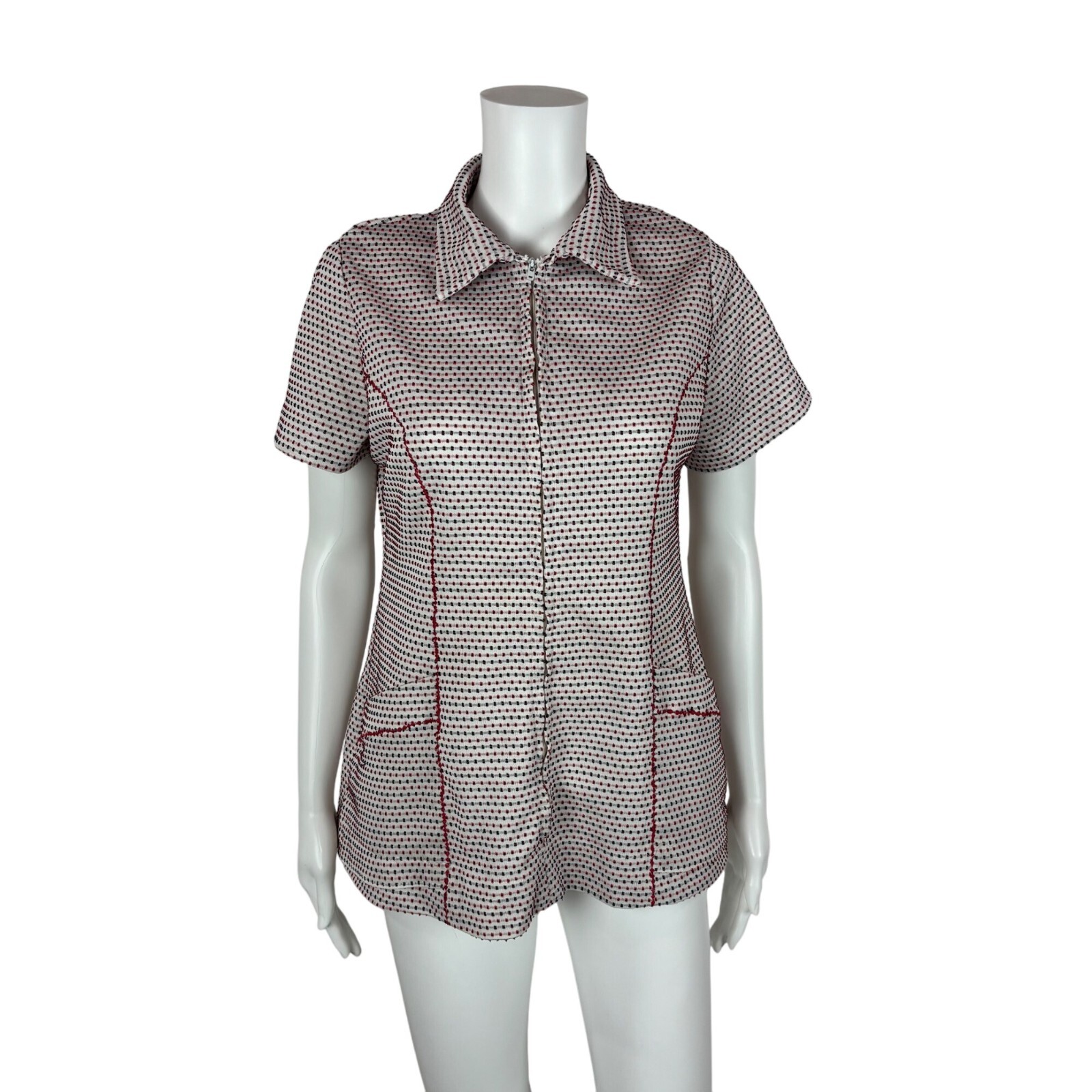 Vintage 70s Waitress Top Women’s Large Dotted Red Blue Textured Hip Pockets Zip