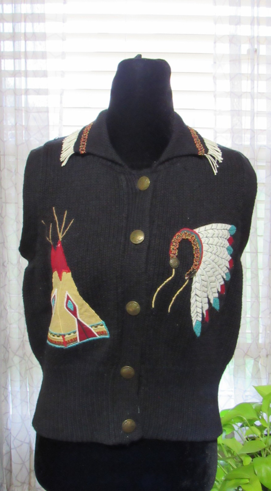 VTG Sharon Young Native American Black Sweater Vest TeePee Headdress Fringe S