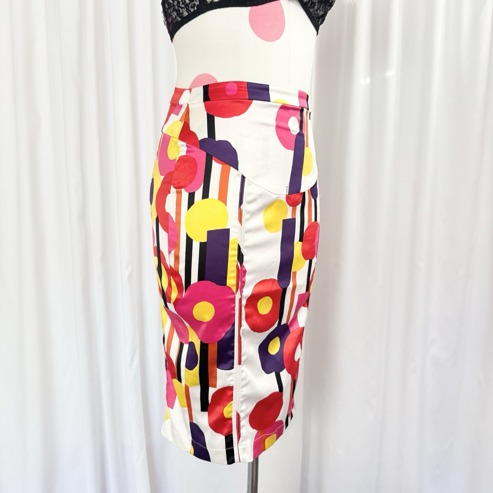 Vintage Y2K Roberto Cavalli Colorful Abstract Shape Silky Midi Skirt Medium Rare