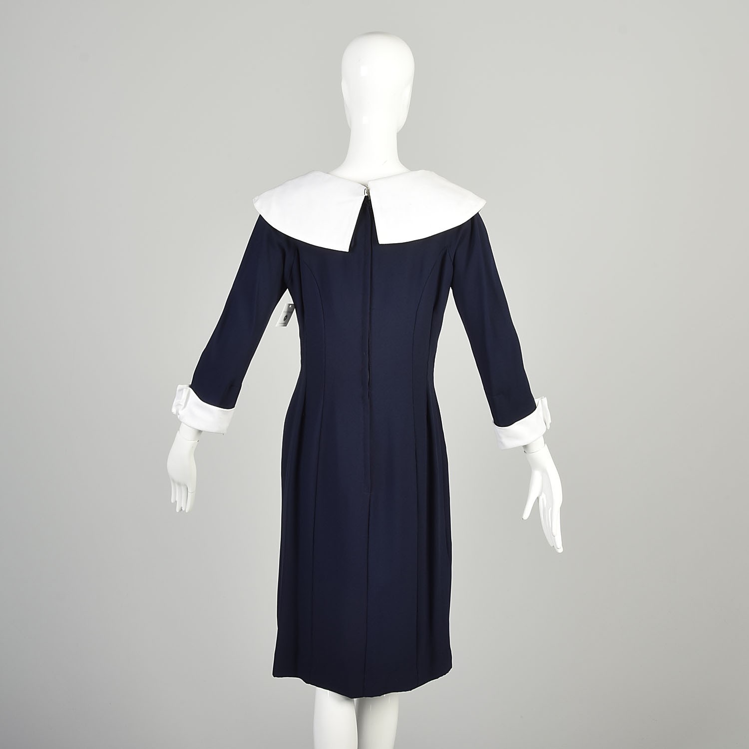 Large 1960s Navy Blue Dress Wide White Collar Stripe Bow 3/4 Sleeve French Cuff