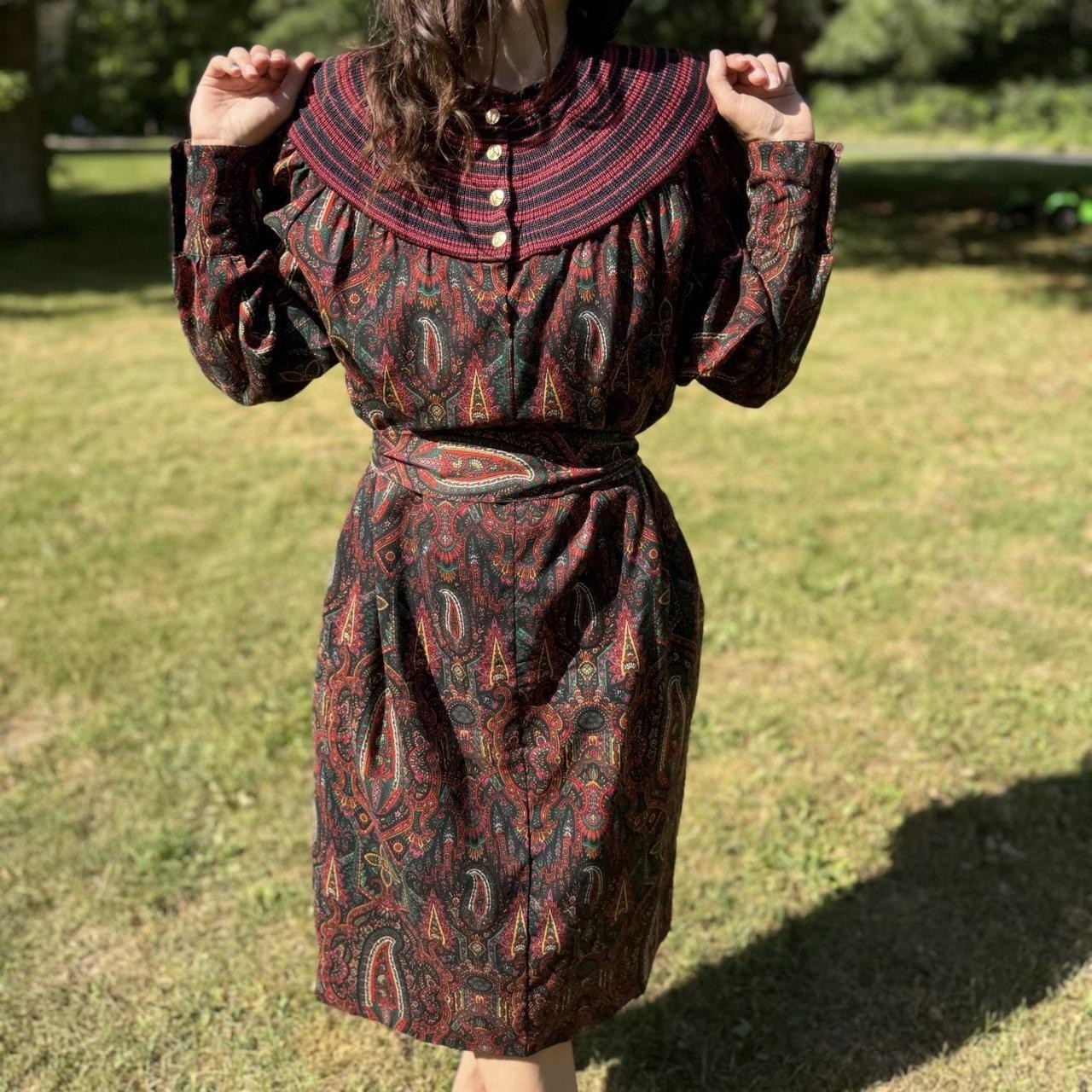Vintage 80s Hanae Mori Wool Paisley Print Dress Pockets Boho Funky