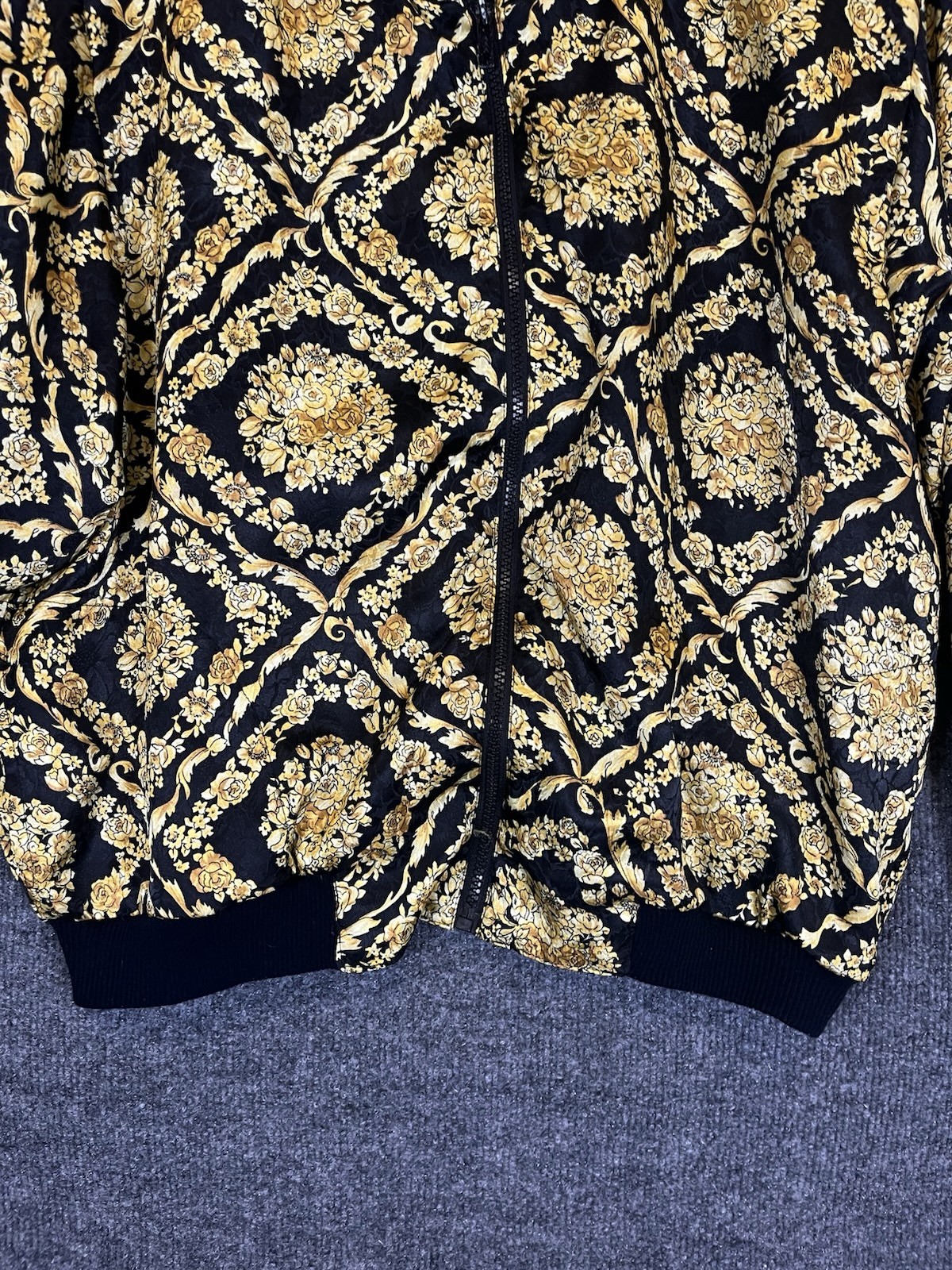 Vintage 80s 90s Papell Too Baroque Gold Floral Bomber Jacket Padded Shoulders