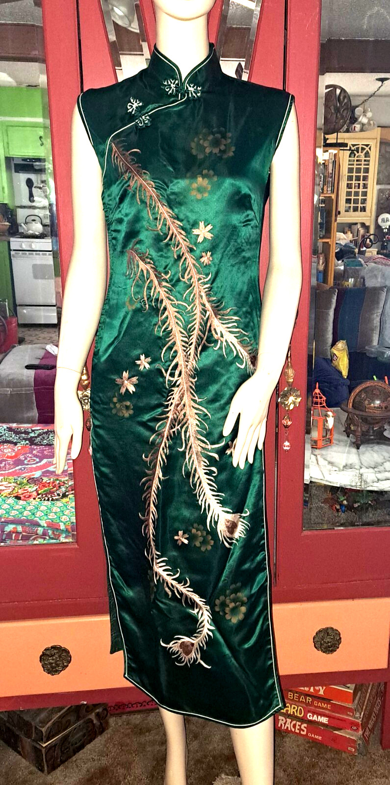RARE Pure Silk Green Flowers Qipao Dress Chinese Cheongsam Asian Gown Feathers