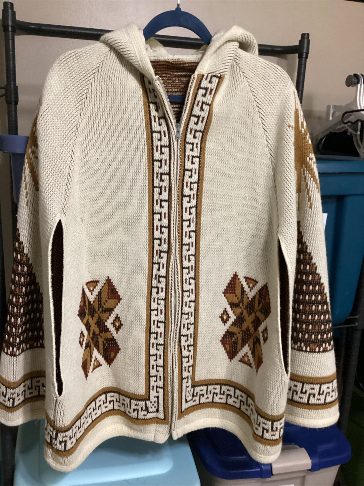 Vintage 1970s Sturbridge Hooded Knit Poncho, Aztec Style Print, Zipper Closure