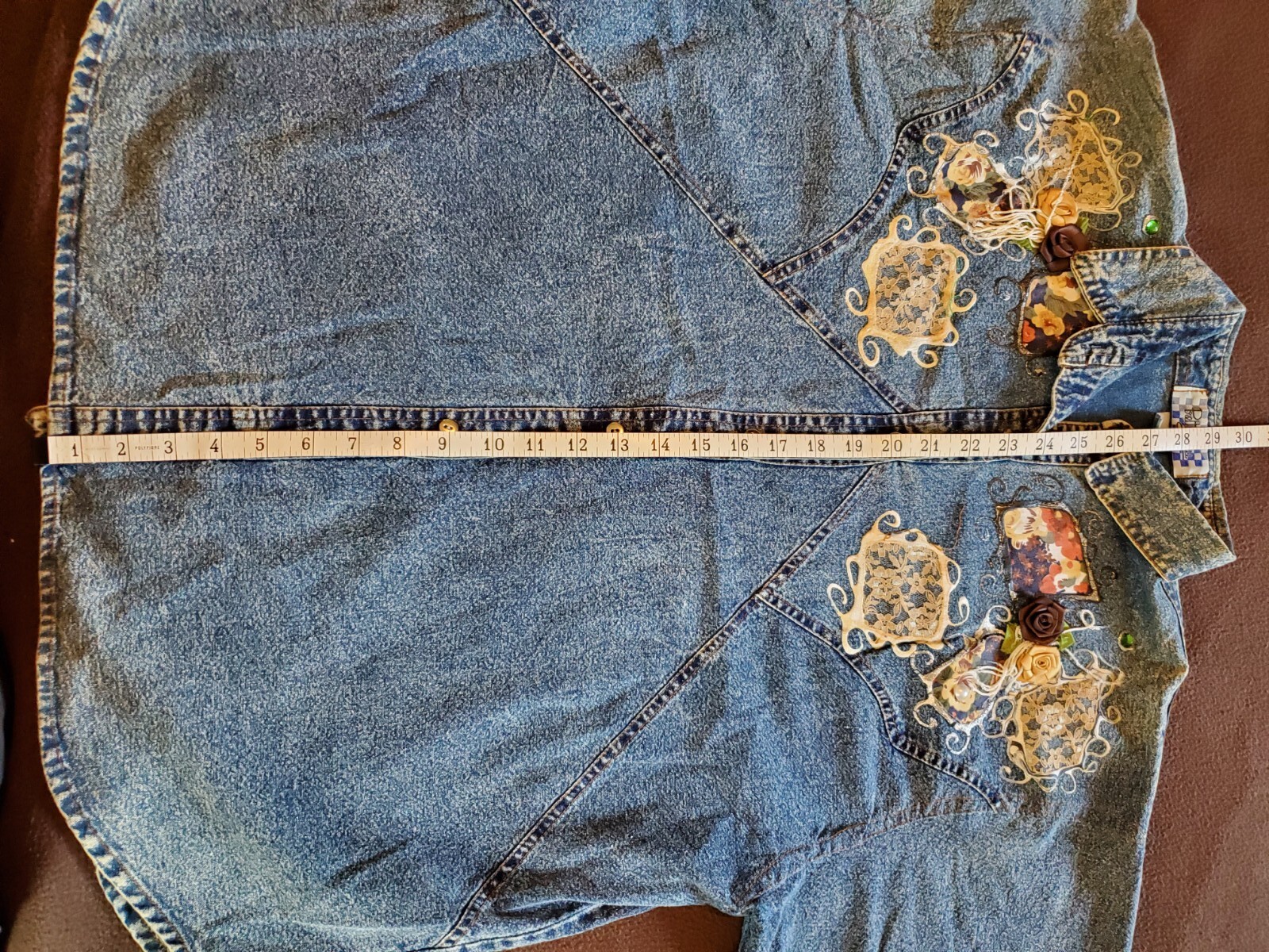 VTG 80s Denim Pretty Bleu Bedazzled Floral Button Long Sleeve Shirt Womens MED