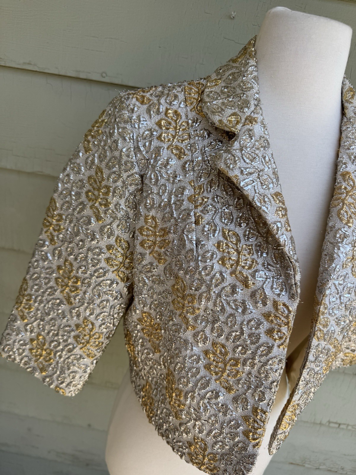 Vintage 60s Gold Silver Lamé Jaquard Evening Bolero Jacket S/M Open Front