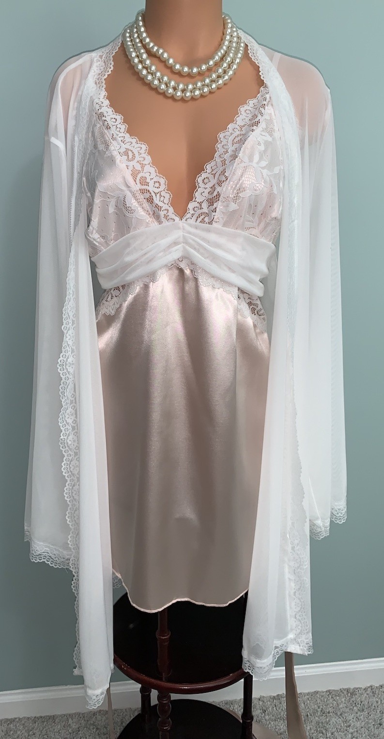New Glossy Satin Chiffon Peignoir Set 3X Babydoll Chemise & Robe Lingerie 2pc