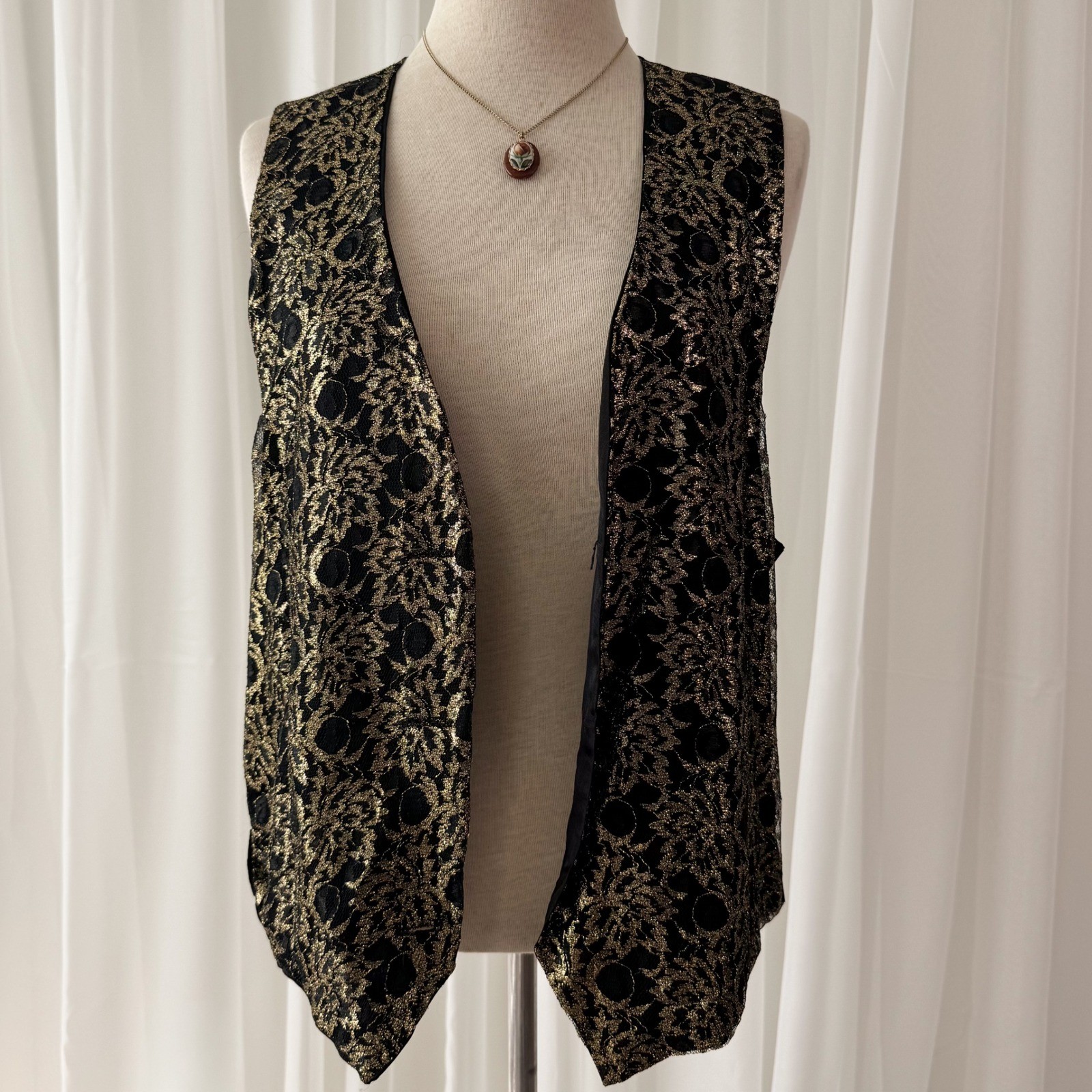 Vintage Black Gold Tapestry Vest Floral Baroque Boho Open Front Small Medium
