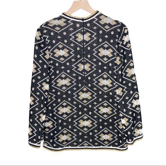 Vintage Metallic Geometric Sweater Black Gold Holiday Christmas Medium