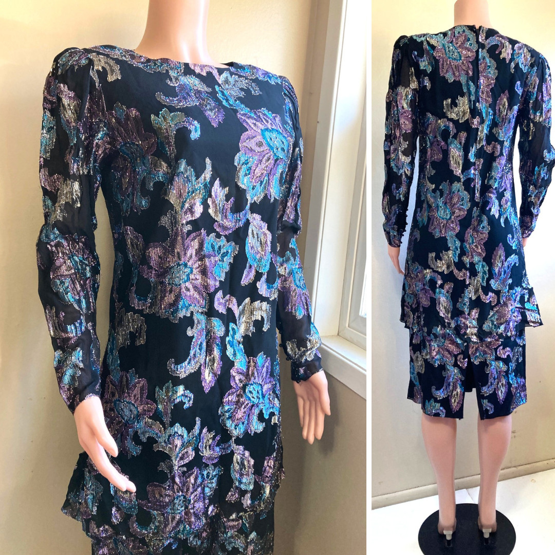 Vintage 80s Retro Flapper Midi Dress M Ursula Switzerland Iridescent Lurex Black