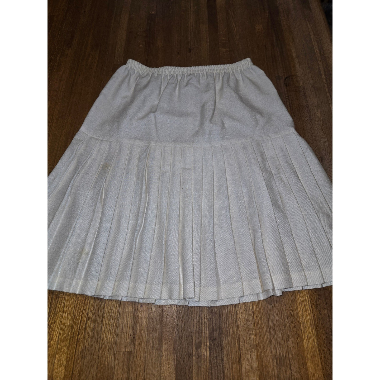 Vintage Women 13/14 Cream White Drop Waist Pleated Elastic Waist USA Midi Skirt
