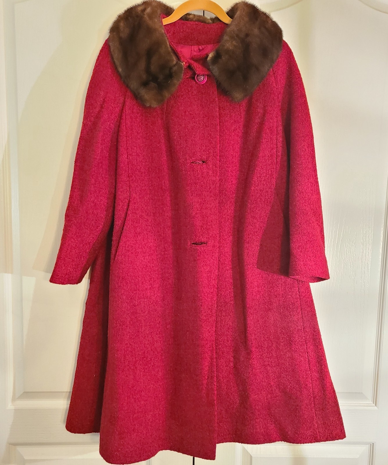 Vintage 50s Shagmoor Red/Burgundy Long Mink Fur Collar Coat Dress Jacket Women