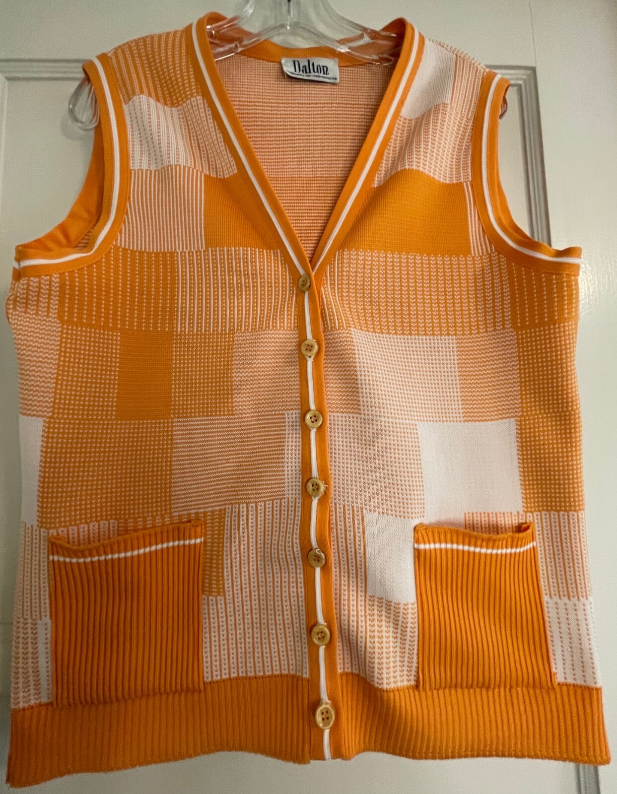 VINTAGE DALTON, UNISEX POLYESTER ORANGE PATCHWORK PLAID VEST, 41″ CHEST