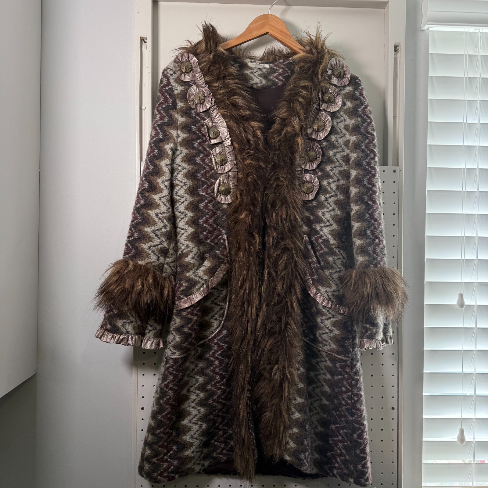 Vintage Boston Proper Faux Fur Trim Coat Women Wool Blend Jacket Medium Art