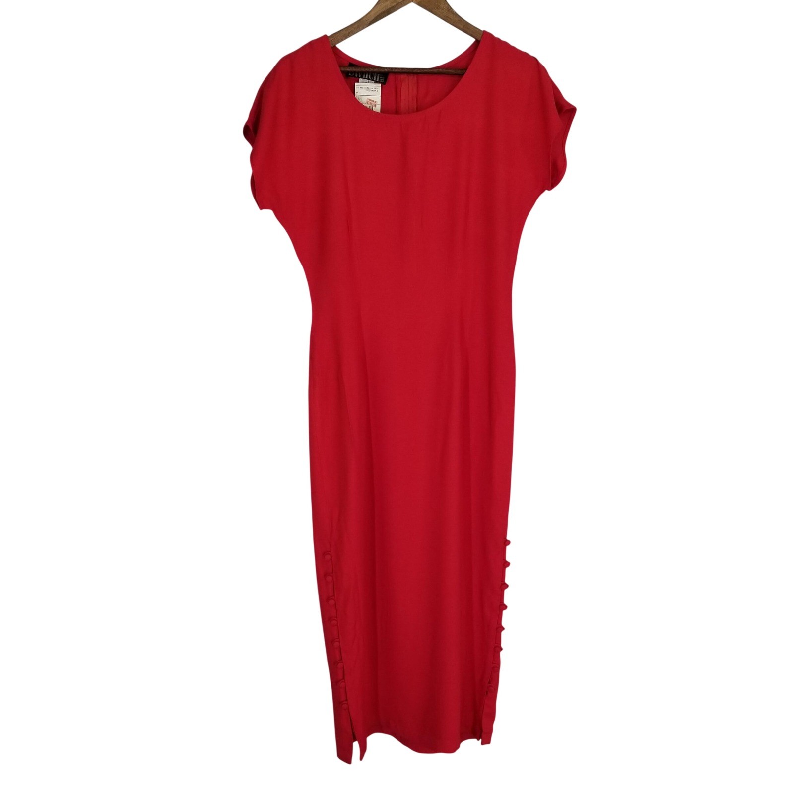 Vintage Switch USA Red Rayon Sheath Dress Midi Short Sleeve Made in USA Size 9