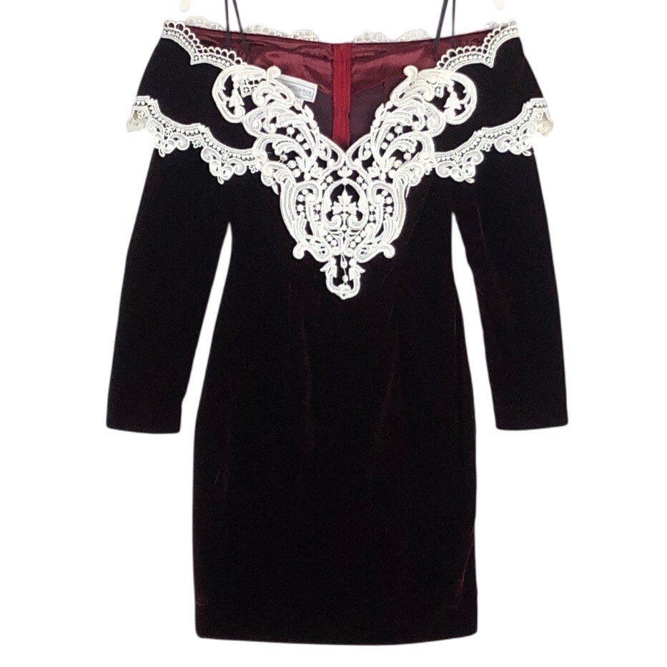 VTG Scott McClintock Velvet Lace Off Shoulder Cocktail Dress Sz 2P Burgundy L/S