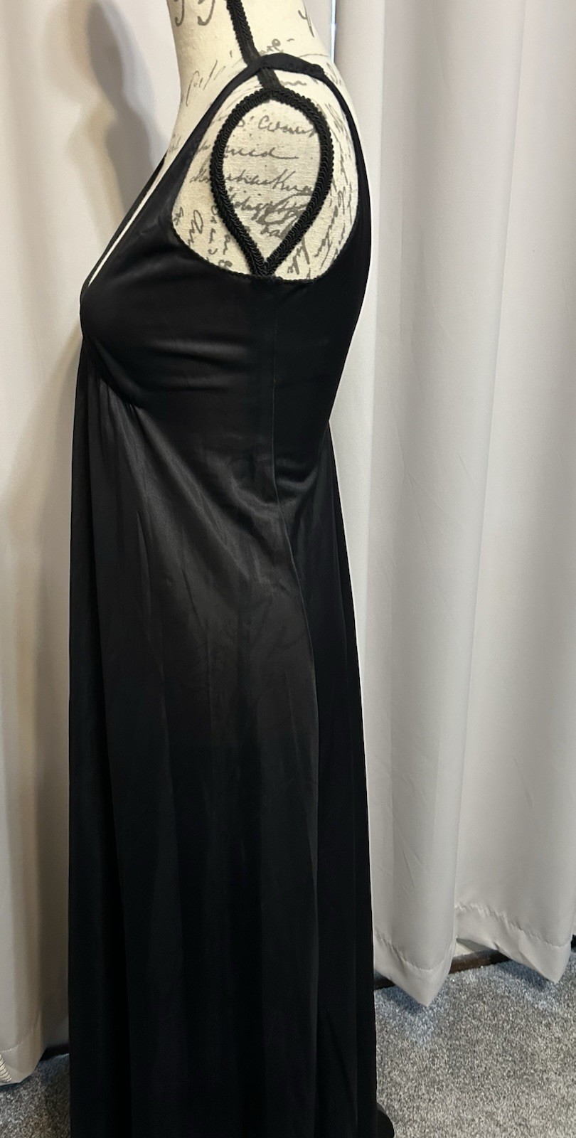 Vintage Long Black Nightgown Slip Dress Plunging Neckline Nylon Vamp