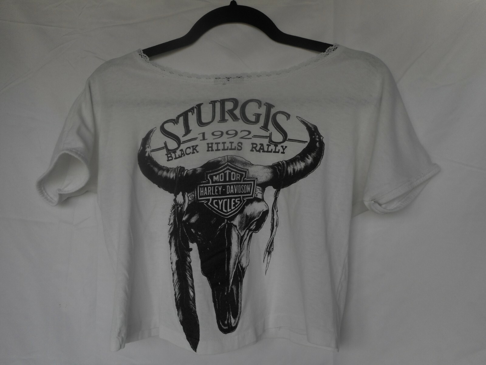 3D Emblem womens Crop Top Sturgis SD 1992 Skull Vintage Harley Davidson Sm 30-32