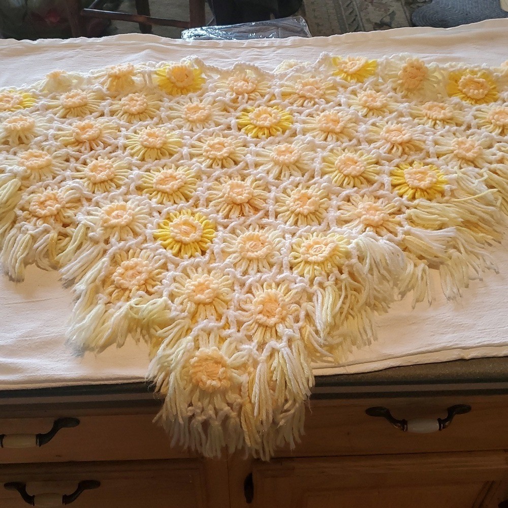 Handmade Handcrafted Upcycled Floral Crochet Poncho in Yellow and White Sz. OS