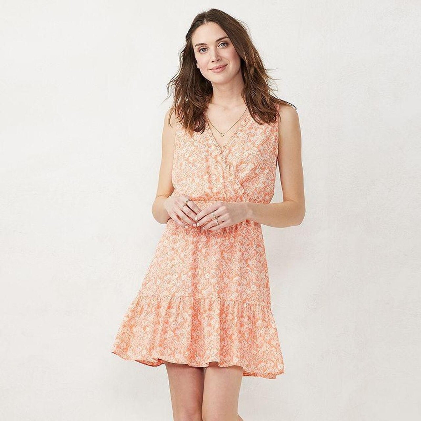 Lauren Conrad Orange And White faux wrap Dress L