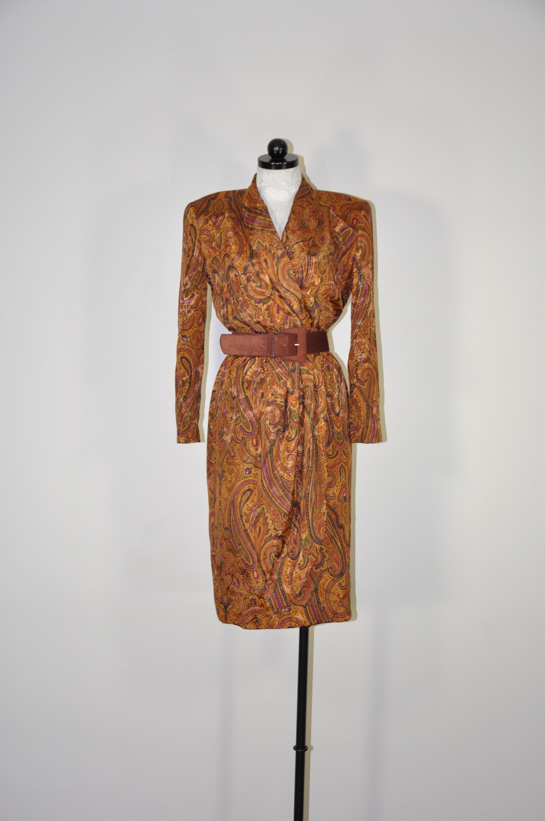 80s Vintage Spice Brown Silky Charmeuse Paisley Strong Shoulder Dress Women S M