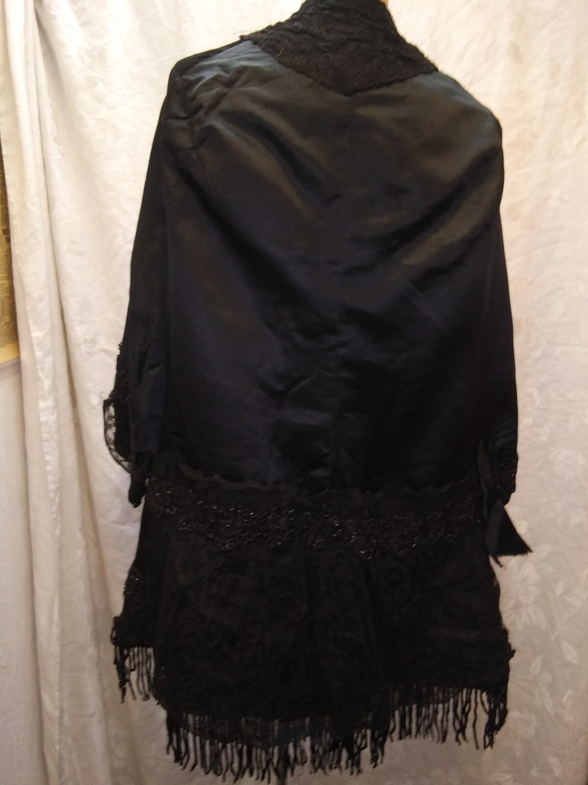 Vintage 1890’s 1900’s Black Satin Rayon Beaded Fringe Lace Coat Size M/L