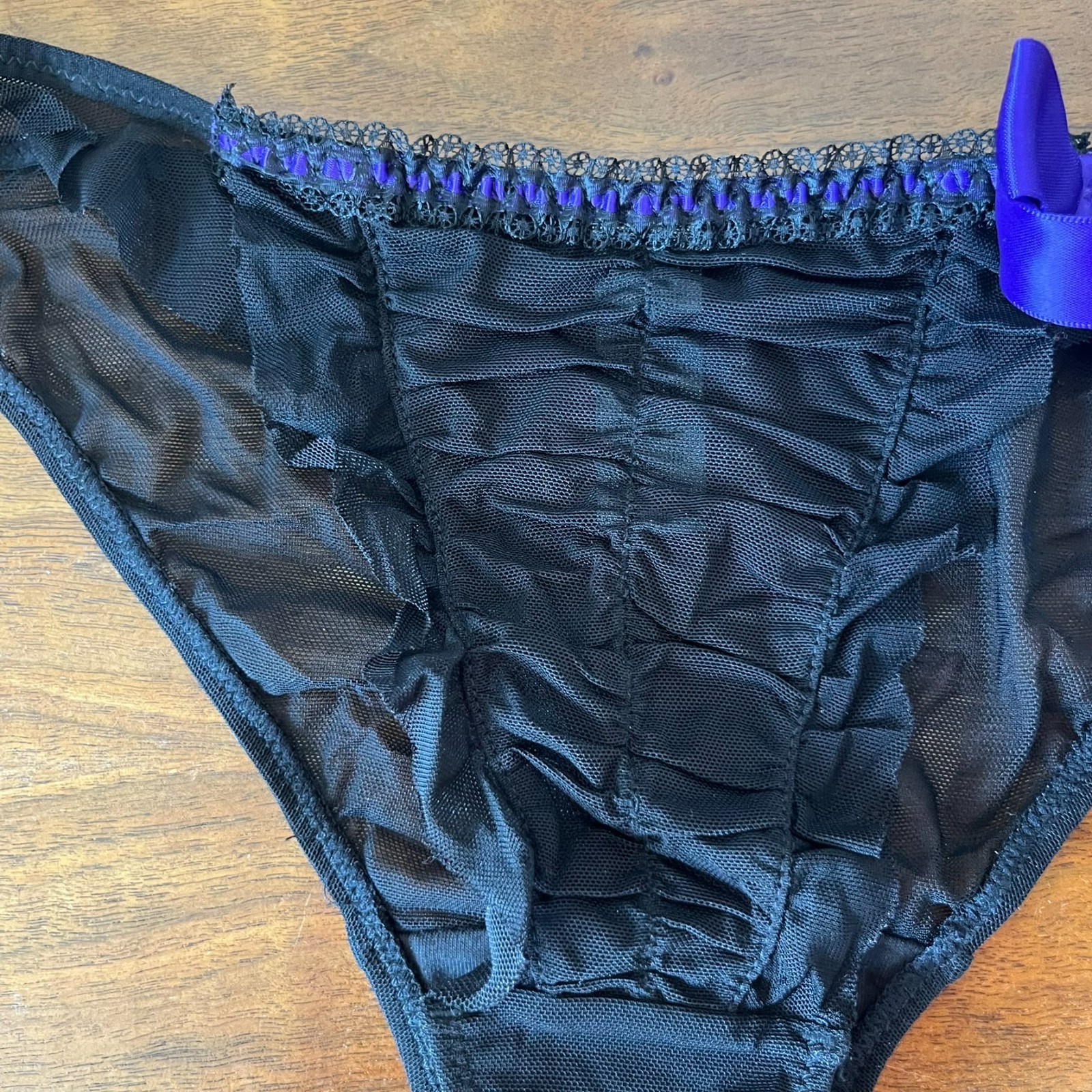 NEW Vintage Delicates Mesh Panties Black Purple Bow JCPenney SMALL 5 Cheeky Cut