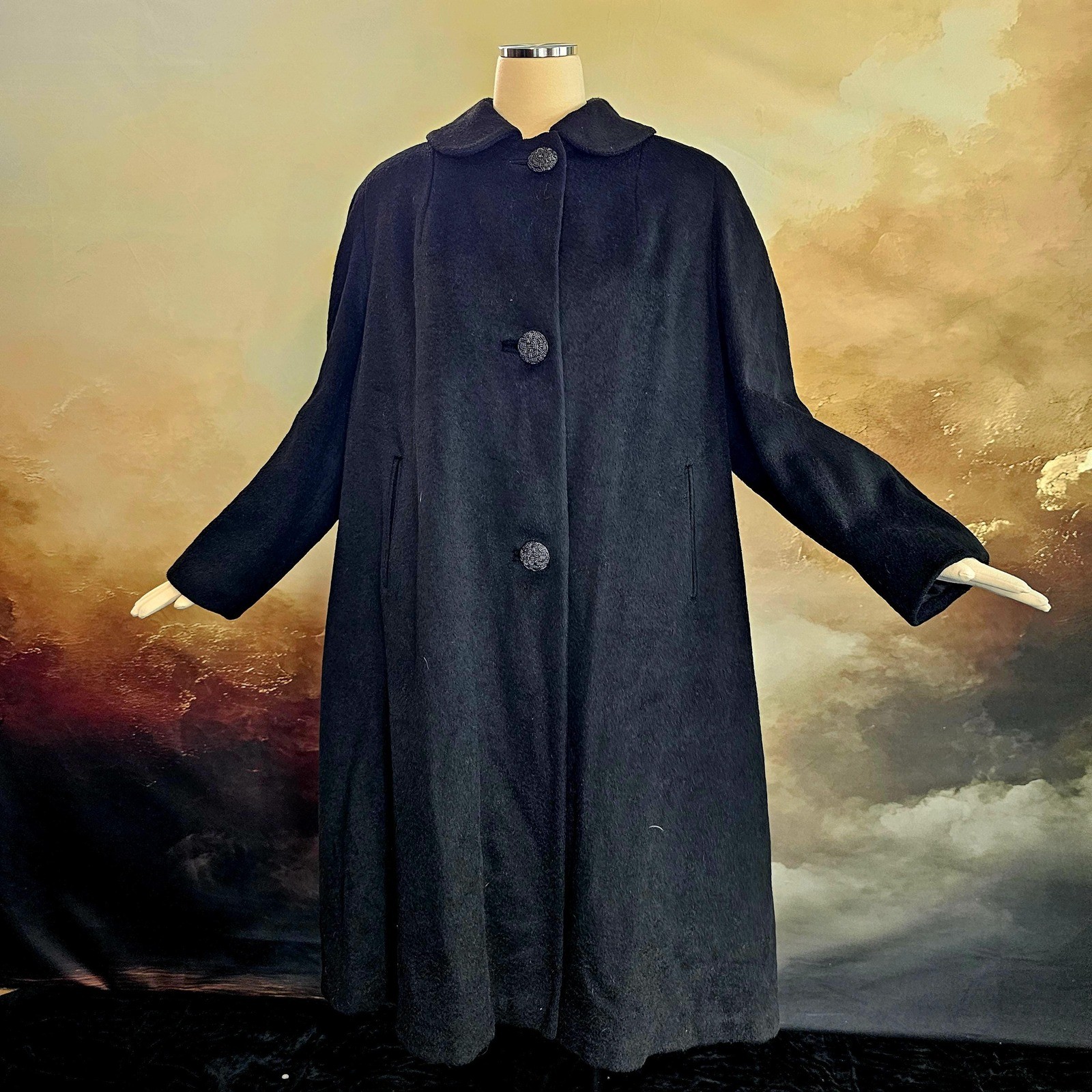 Vintage 1950s Swing Coat Jacket Black Wool Collar Buttons Pinup Rockabilly