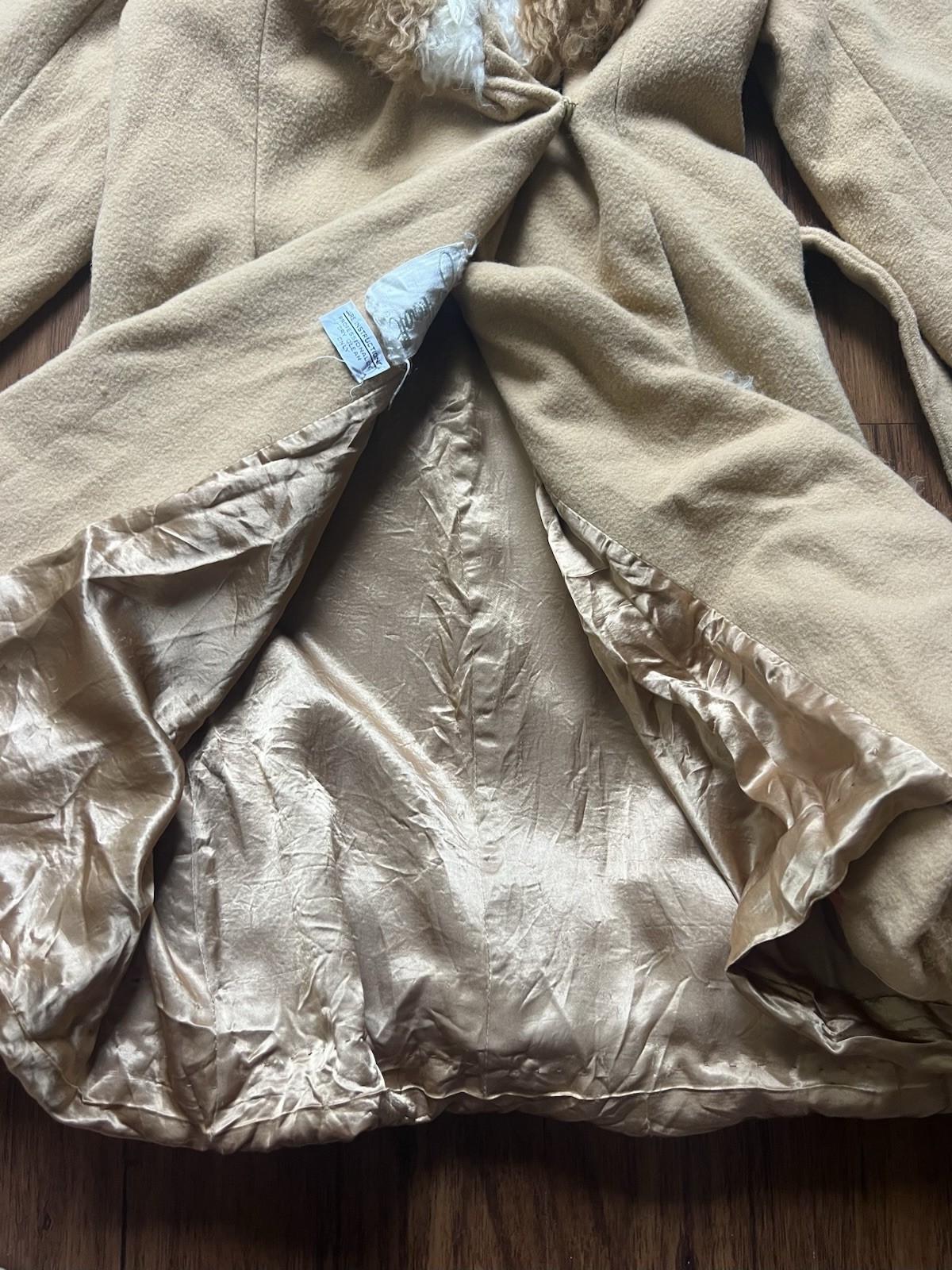 VTG 70s Penny Lane Wool Coat Faux Fur Collar Trim Belted Boho Princess Camel S