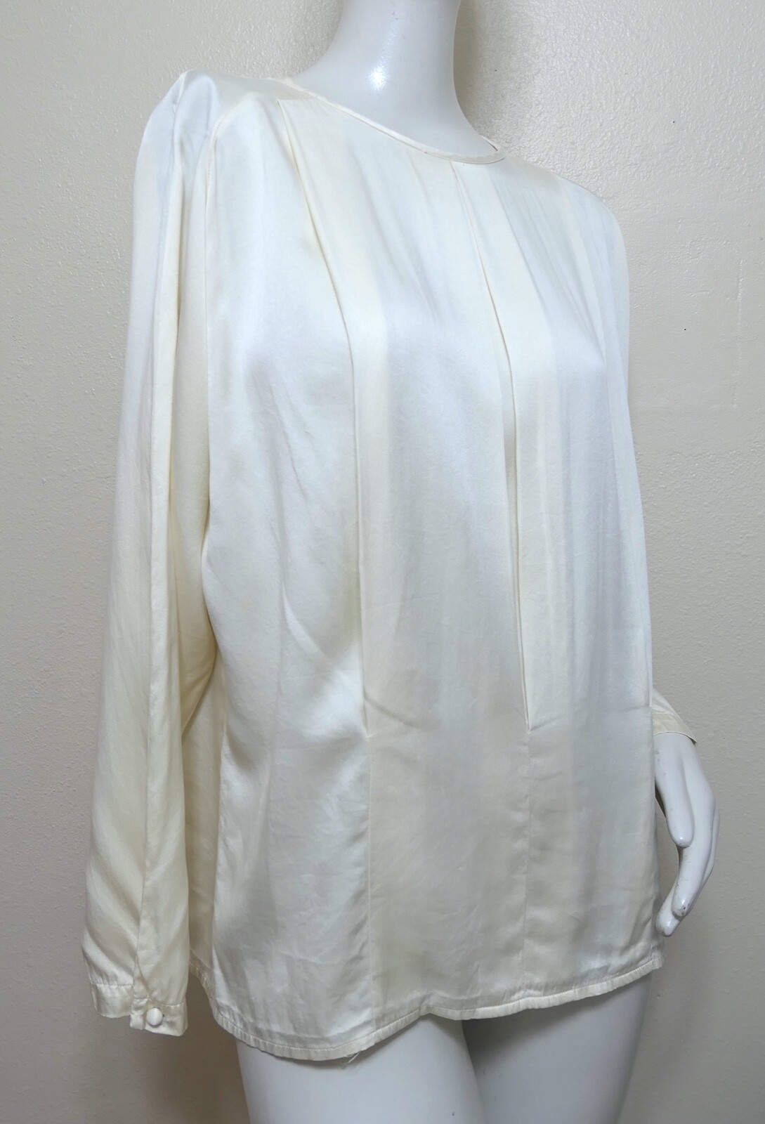Vintage 80s Lands End Silk Panel Pleat Top Blouse Creamy White M
