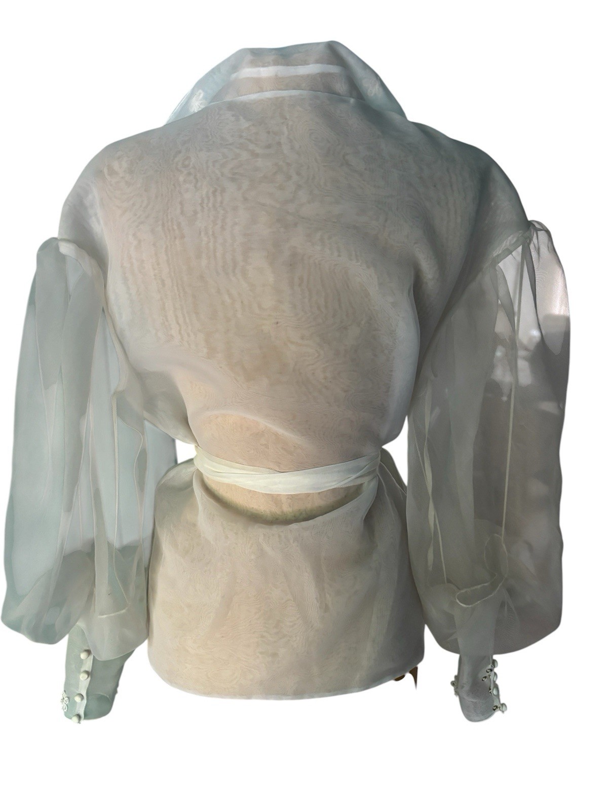Vintage Sheer White Blouse Couture lStatement Floral Appliqué Long Sleeve