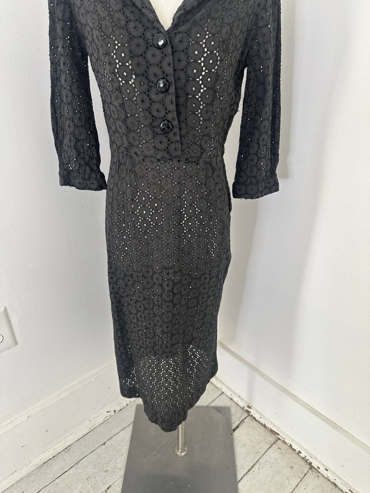 Vintage 40s Charcoal Lace Day Dress Size Small