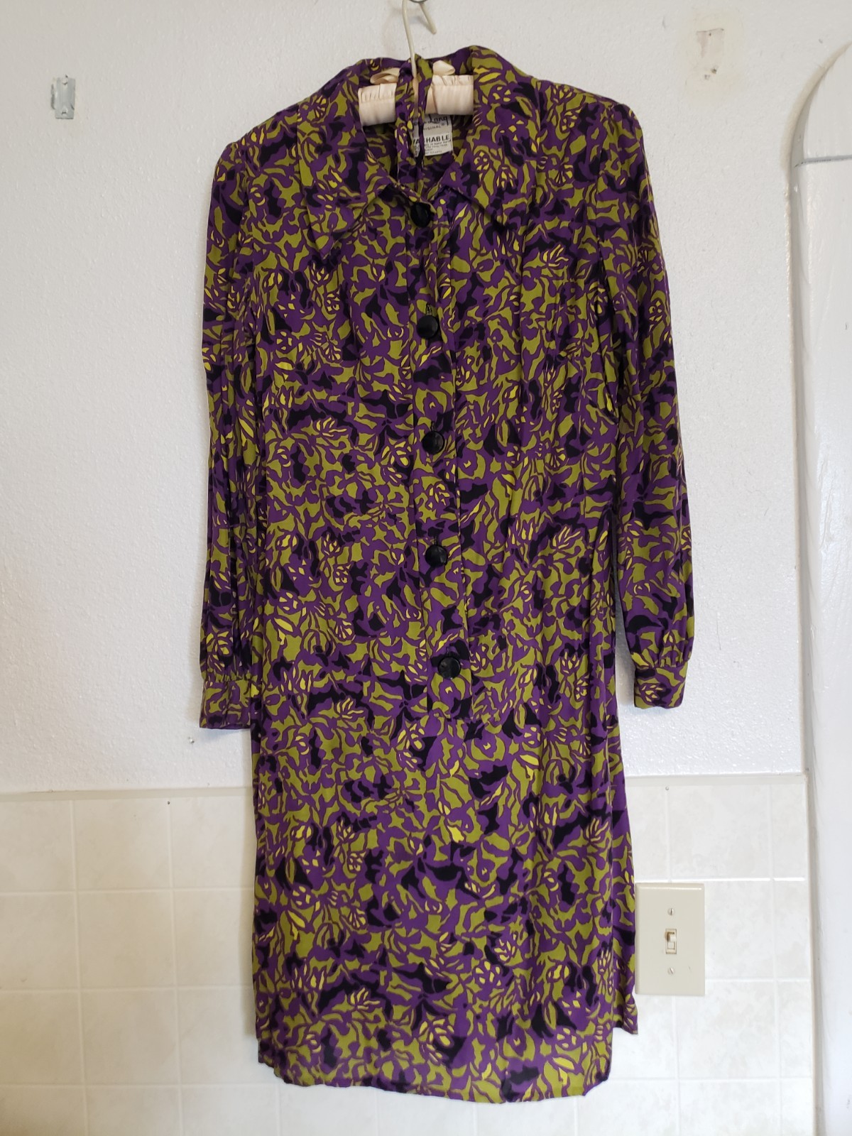 Vintage 60s 70s Mod Dress Sm/Med Sheath Wild Purple Print Jean Lang Groovy Funky