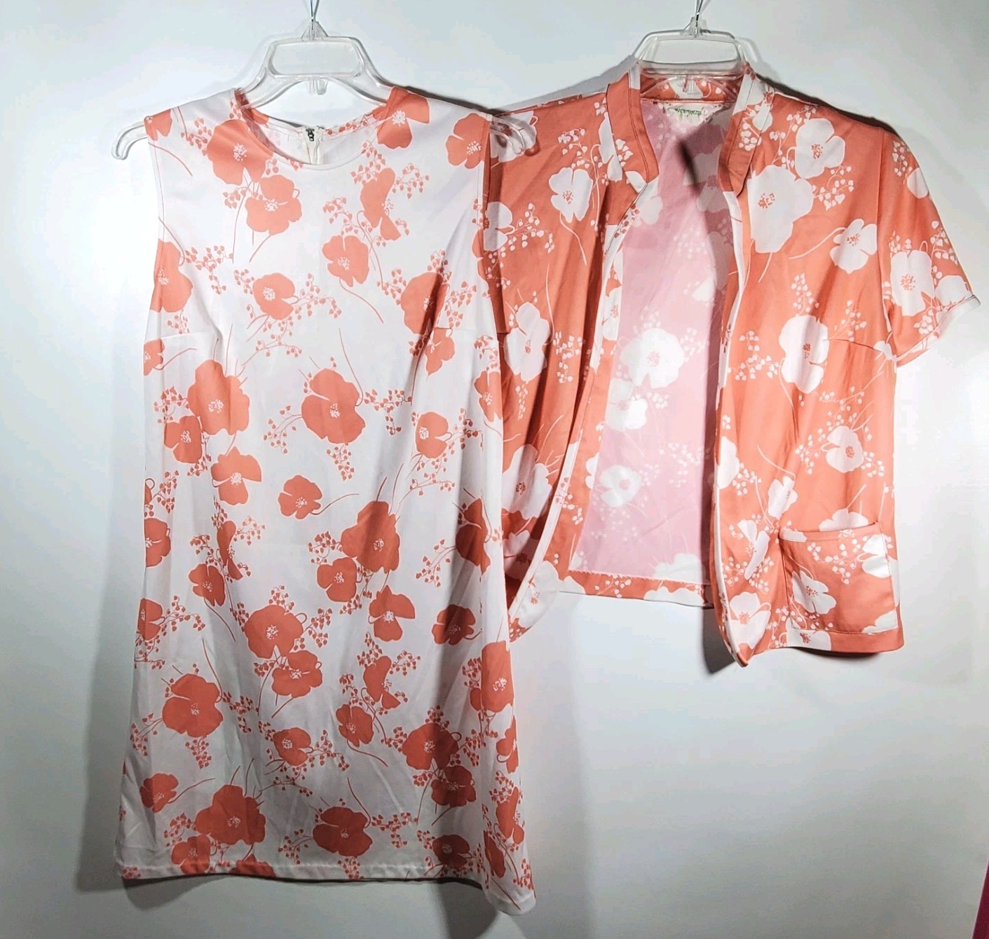 VTG 60s 70s Forever Young Shift Dress Jacket Set Floral Mod Peach White Retro