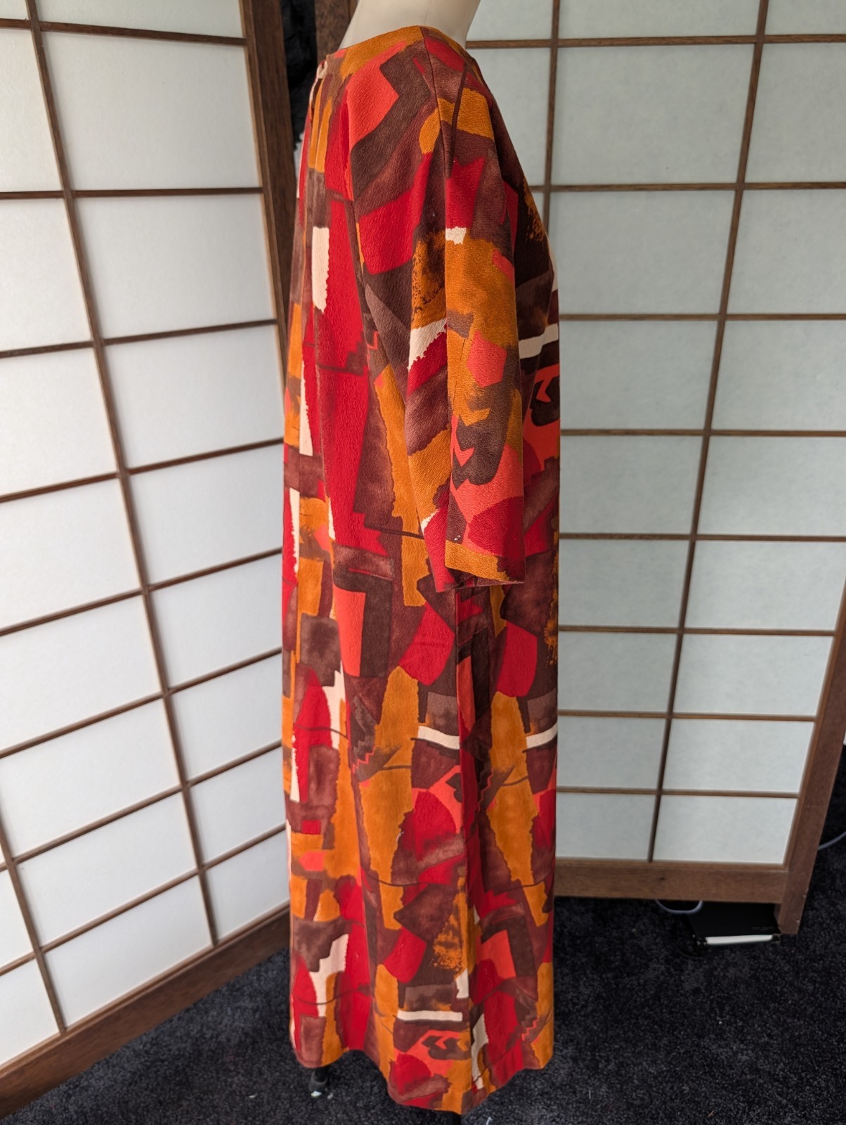 Vtg 70s Bark Cloth Caftan Dress MuuMuu Hand Made Abstract Geometric Hippie Boho