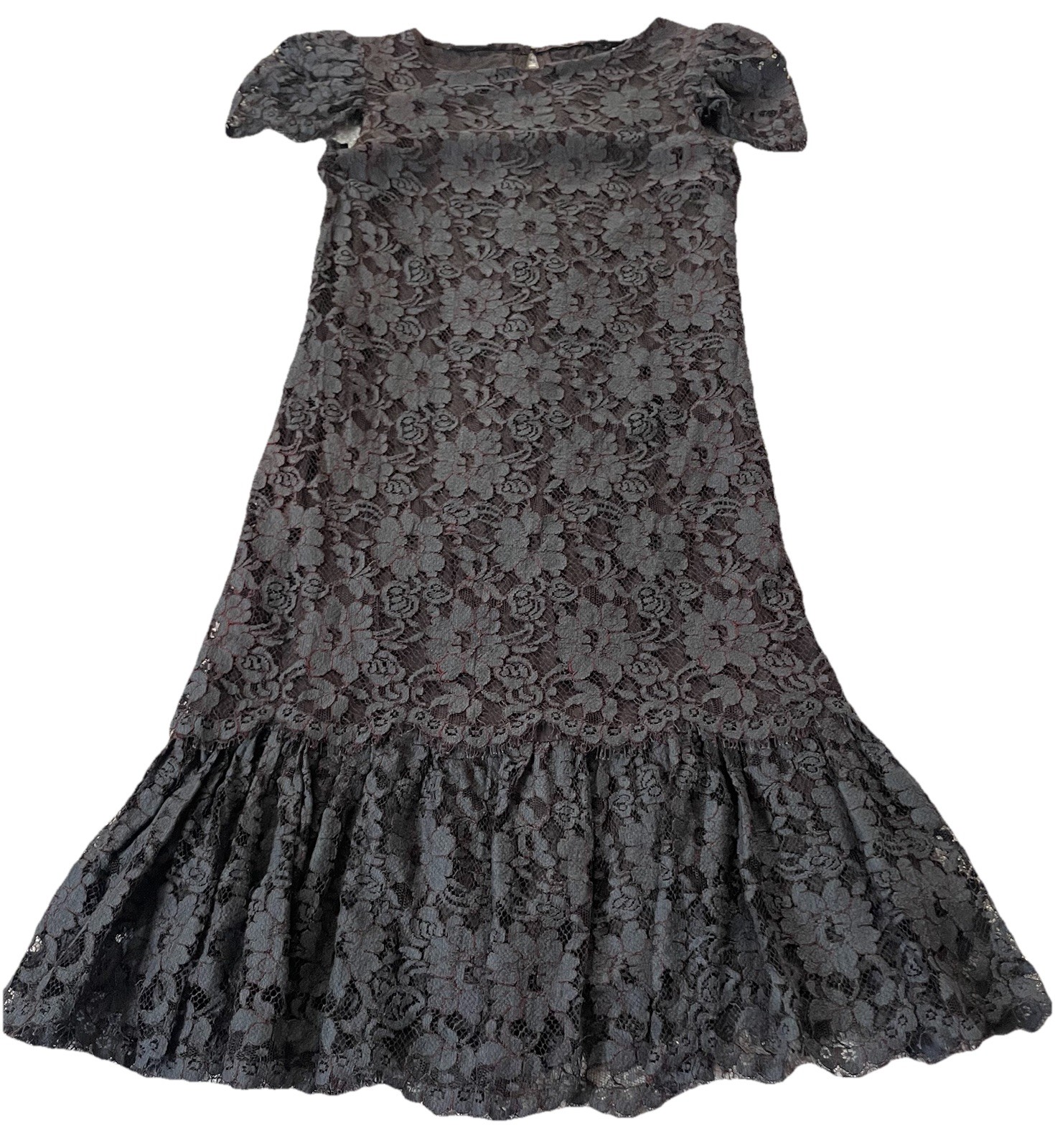 Vtg 70s Layered Floral Lace Dress Sz 4 Gray-Black Balloon Sleeve Ruffles Classic