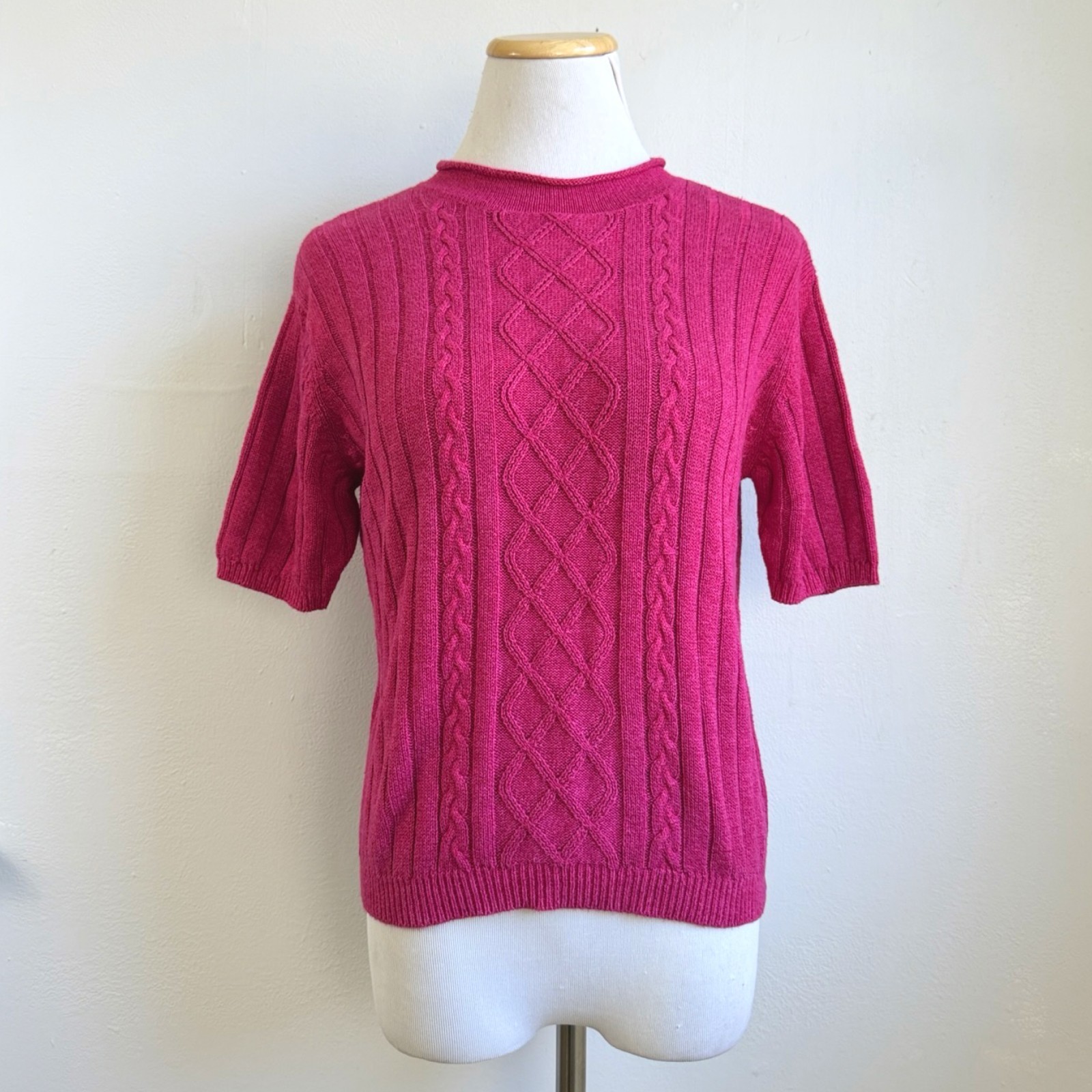 Vintage Pink Cable Knit Top Size Large 90s Rayon Cotton Knit Short Sleeve Ribbed