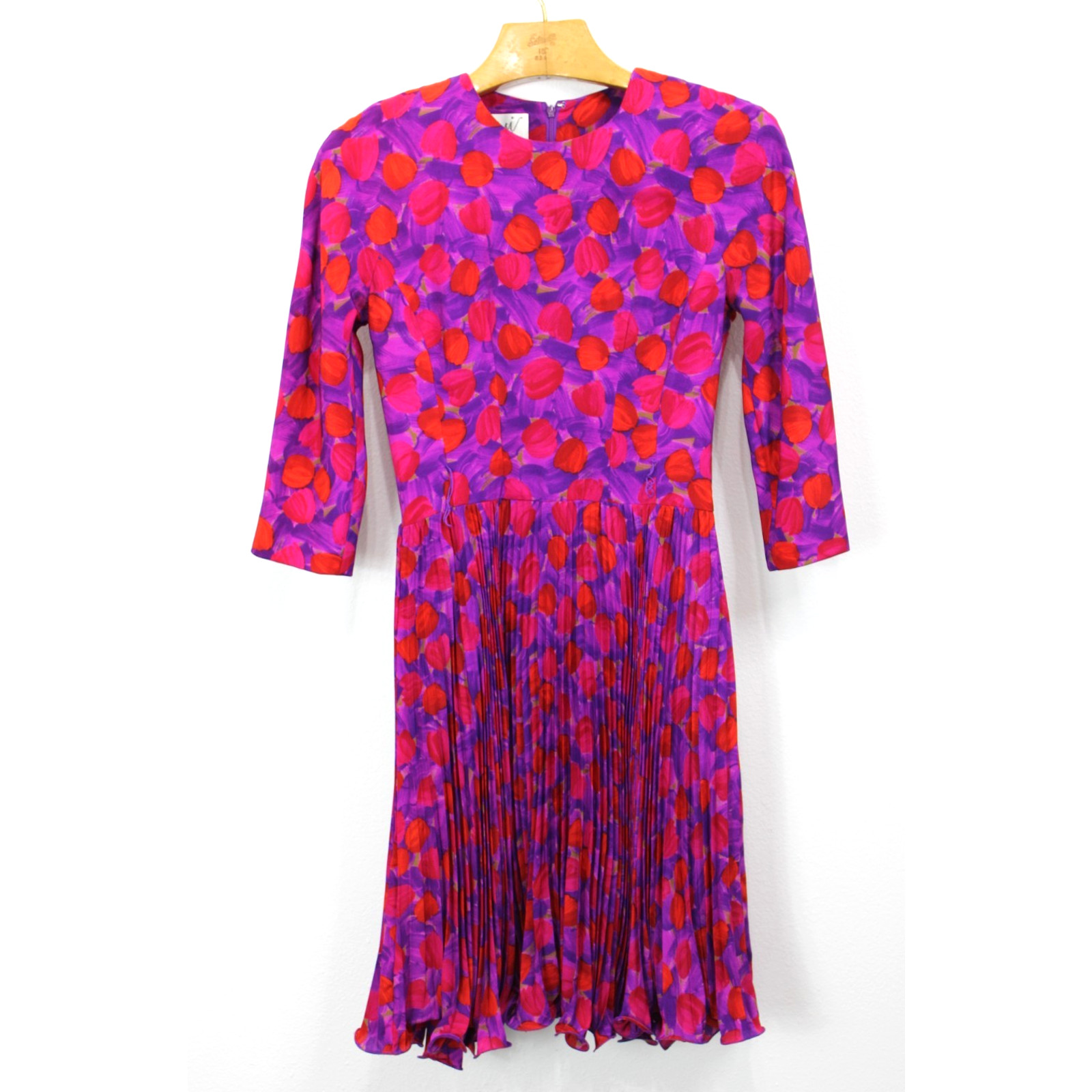 Vintage 80s Arnold Scaasi Floral Pleated Belted Silk Lined Dress Size 6