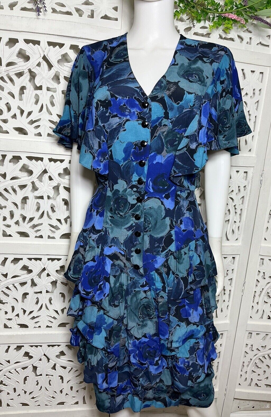 Vintage Barbara Barbara Women’s Floral Blue Ruffle Secretary Dress Size 8
