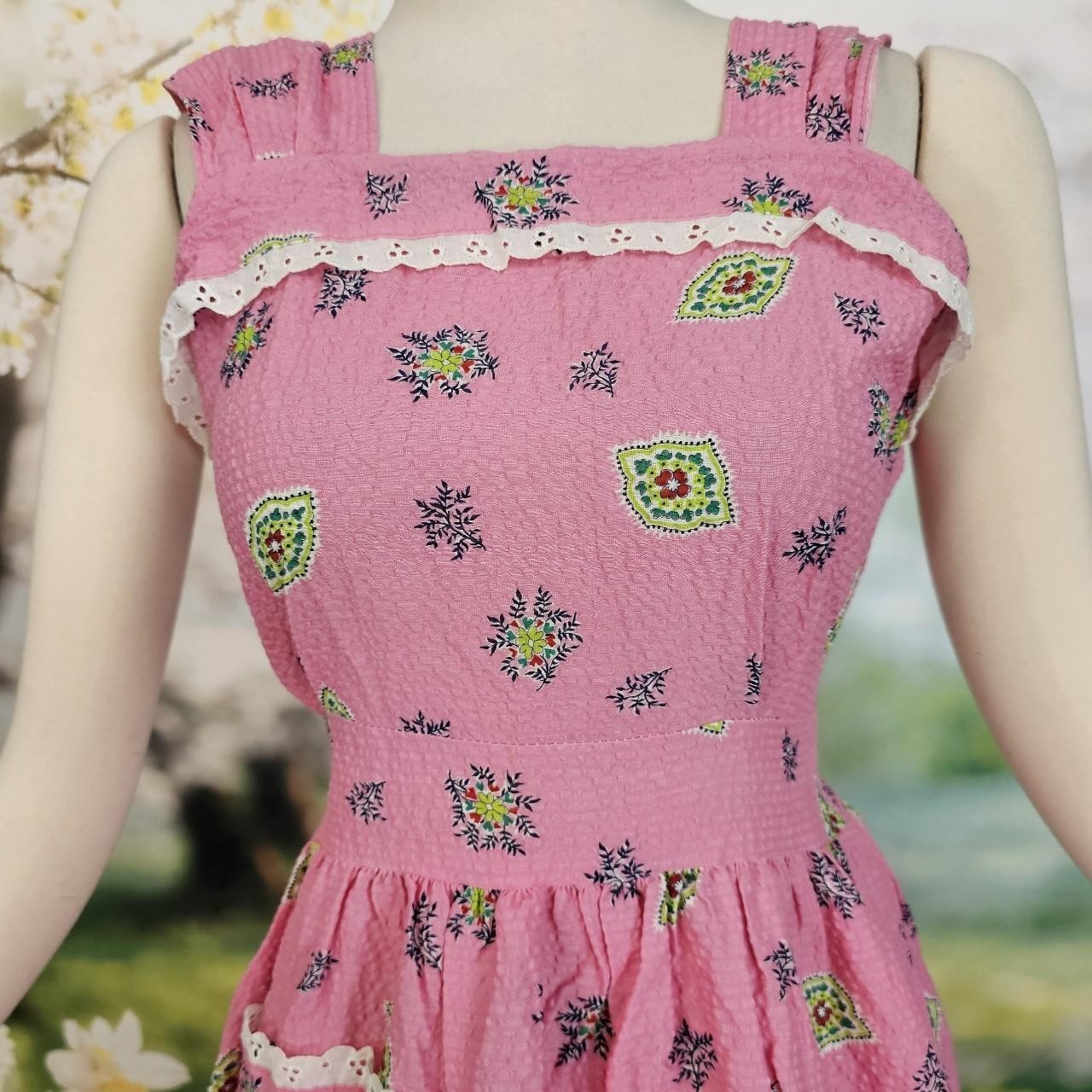 Vintage 1950s Searsucker Bright Pink & Green Floral Dress Lace Trim Sleeveless