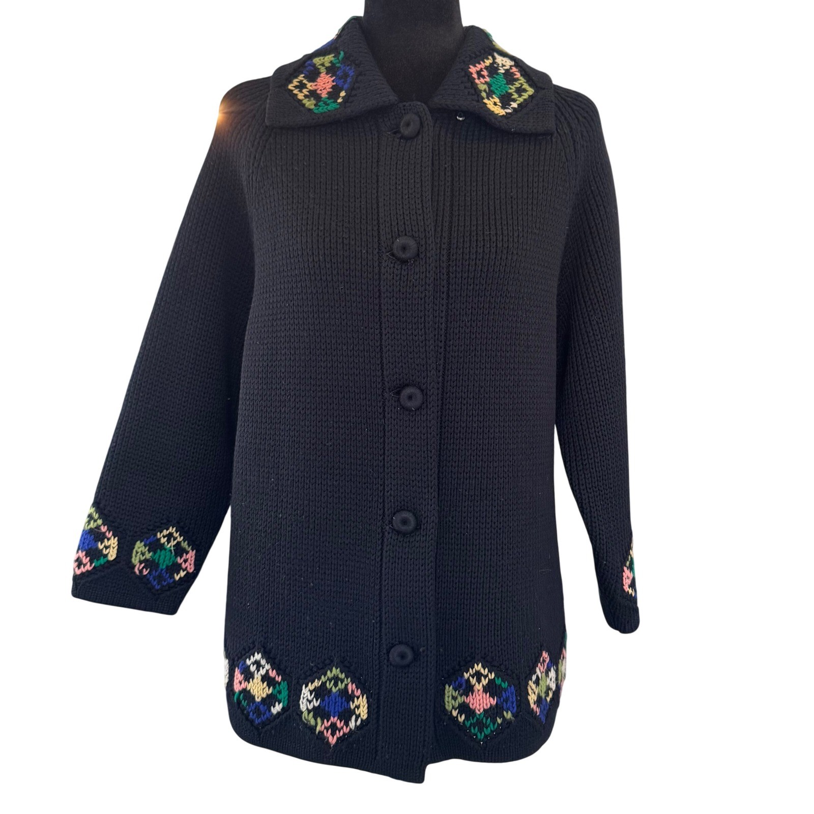 Vintage Dorce for Le Roy Knitwear Black 100% Wool Embroidered Cardigan Sweater M